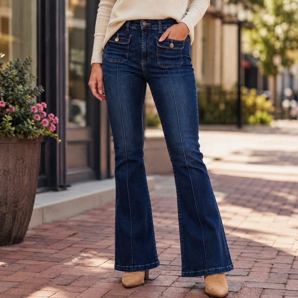 Dona Ida Hope The High Top Patch Pocket Flare Jeans Color Moody Blues Capsule 31